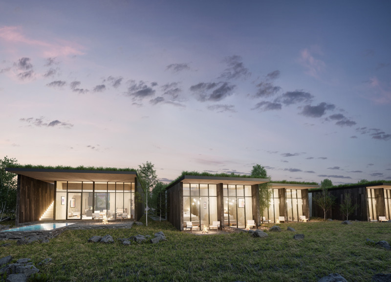 Turf Roof Retreat Featuring Geothermal Baths and Local Lava Rock Integration