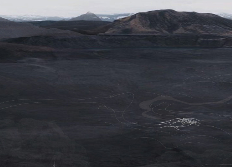 Community center featuring volcanic stone and panoramic glass in a rugged landscape