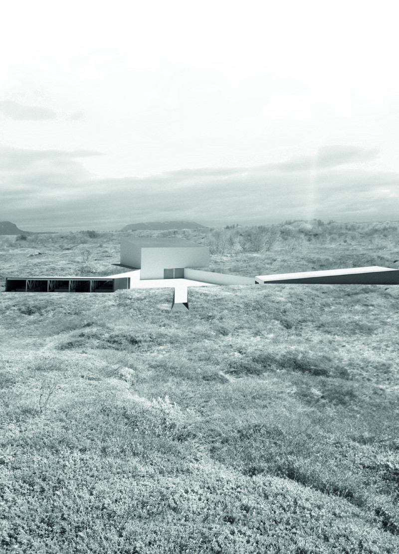 Cubical Design Merging Semi-Buried Concrete and Natural Wood Elements for a Volcanic Landscape Museum