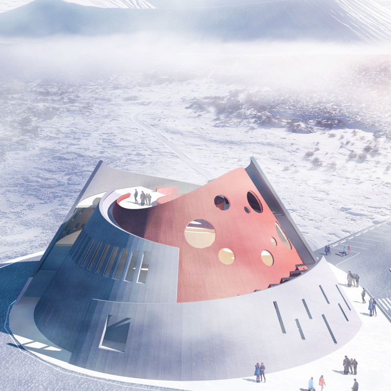 Geometric Volcanic Structure Featuring Expansive Glass and Durable Aluminum Cladding in Icelandic Landscape