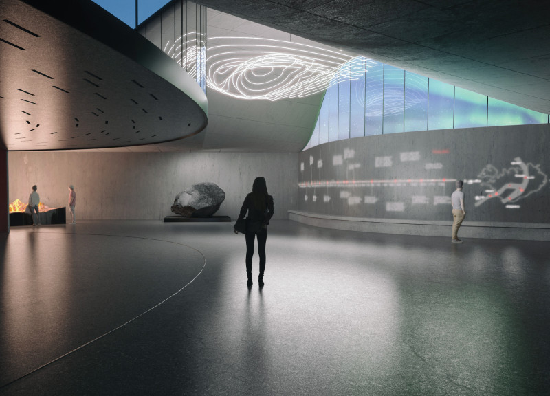 Cracked Concrete Structure Embracing Glass Facades and Panoramic Views in Volcanic Terrain