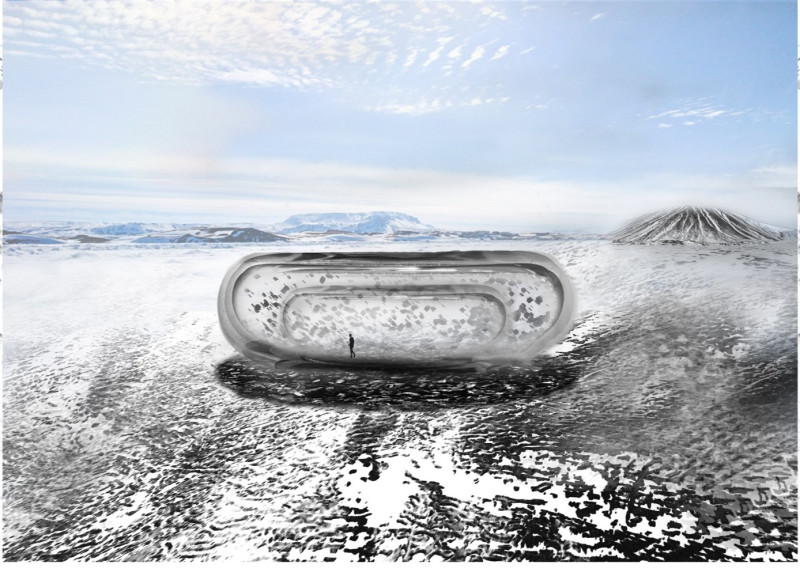 Museum Featuring a Transparent Glass Facade and Black Volcanic Pumice Integration Amidst Icelandic Landscape