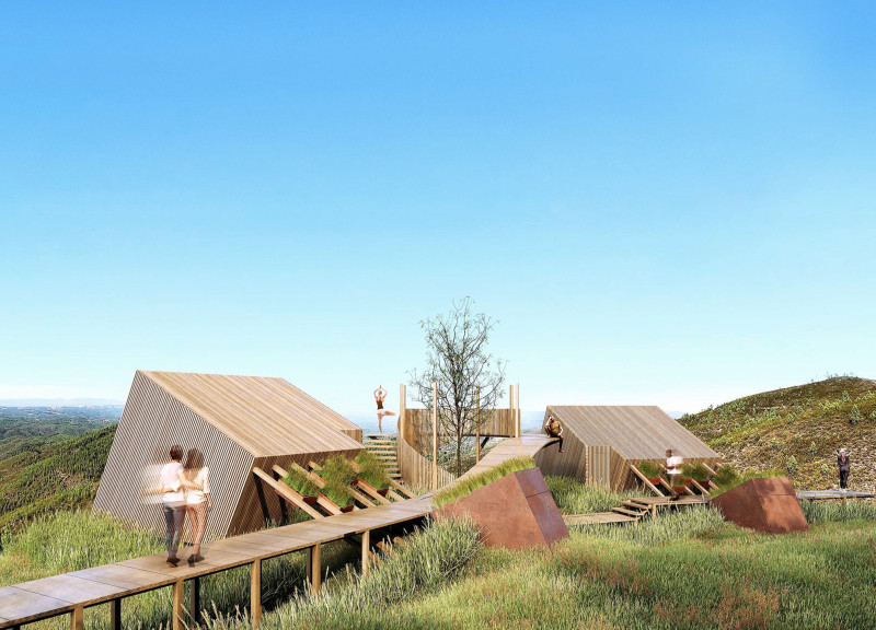 Corten Steel Structures Blending into Nature with Elevated Wooden Walkways