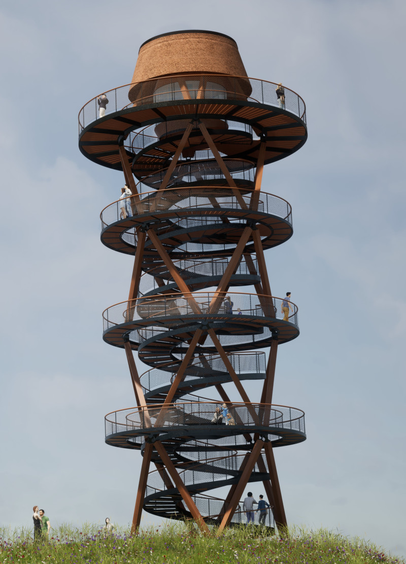 Spiraling Structure with Cross-Laminated Timber and Reed Roof in Scenic Landscape