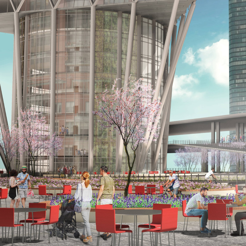Vertical Gardens and Transparent Facades Integrate Community Living with Renewable Materials  