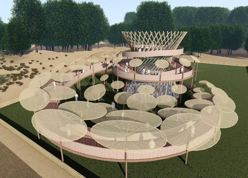 Curvilinear Design Featuring Cross-Laminated Timber and Fabric Shade Structures for Community Engagement