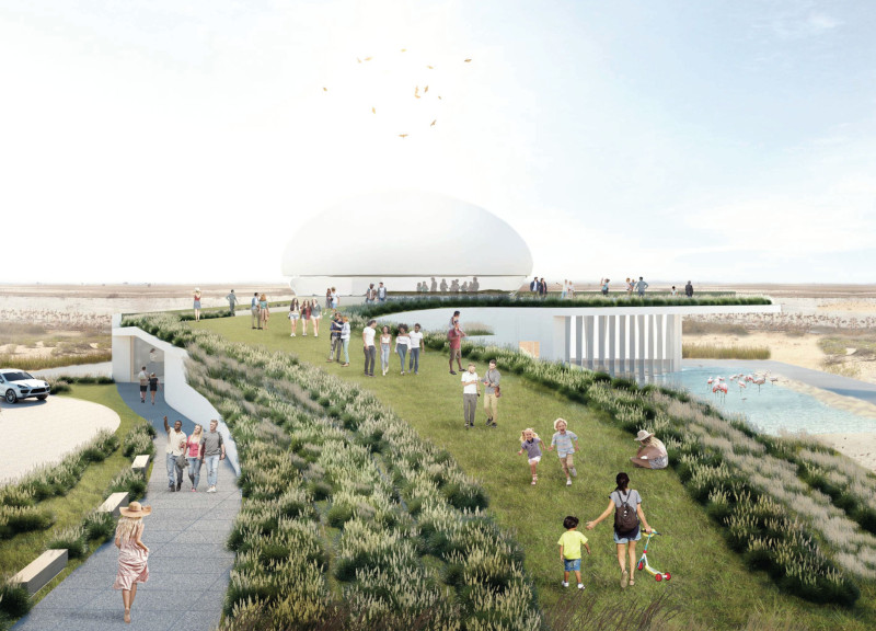 Flamingo-Inspired Design Featuring Green Roof and Natural Wood Elements for Ecological Visitor Center