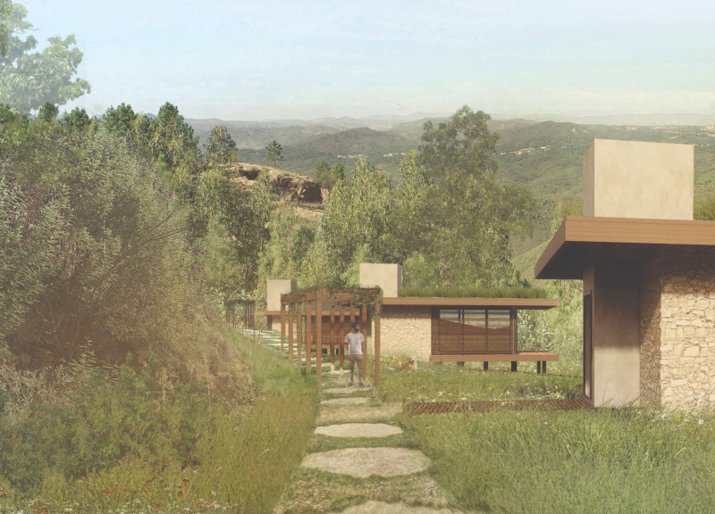 Elevated Cabins with Local Stone and Green Roofs for Mindful Retreats