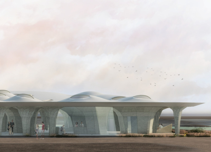 Passive Ventilation Canopy of Fiberglass Over Concrete Learning Hub in a Coastal Wetland