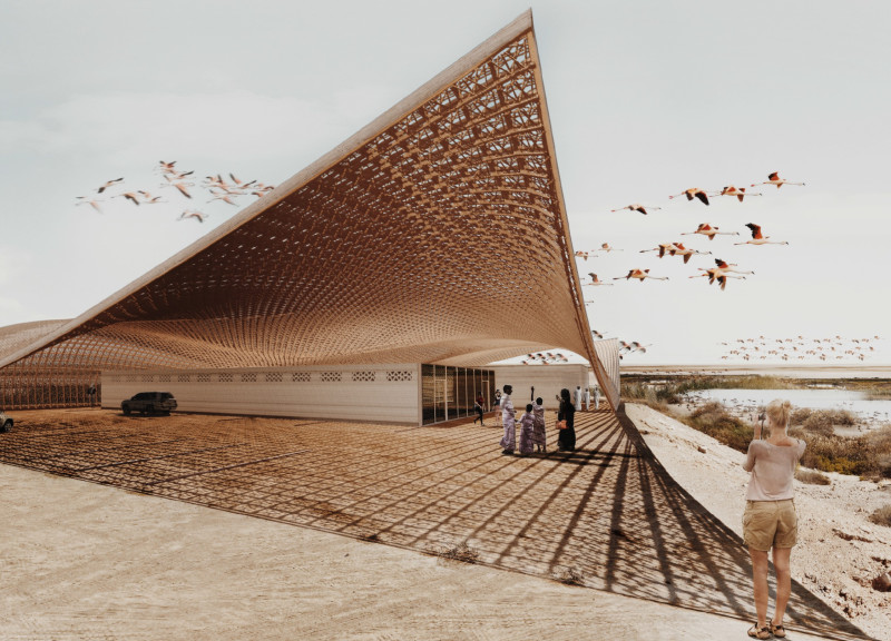 Wavy Canopy Crafted from Cross-Laminated Timber Panels and Charred Wooden Shingles for Community Gathering Space
