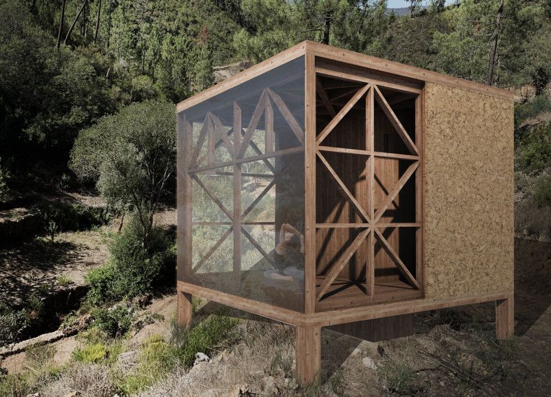 Cork-Clad Retreat Featuring Modular Sliding Walls in a Timber-Framed Shelter