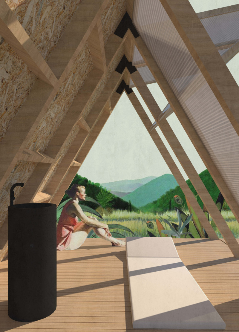 Community gathering space featuring cross-laminated timber and charred wood shingles for enhanced sustainability and aesthetic integration
