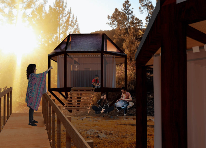 Octagonal Meditation Cabins Crafted From Plywood and Enhanced With Fog Catchers