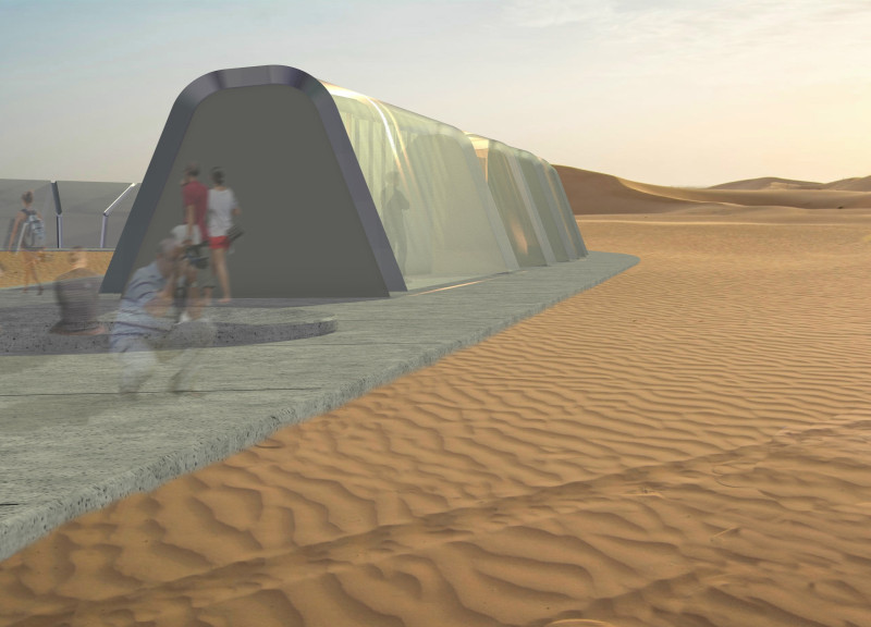 Fluid Forms of ETFE and Concrete Nestled Within the Desert Landscape  