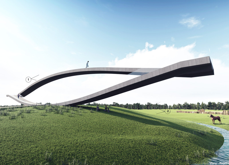 Curved Reinforced Concrete Gateway Featuring Expansive Glass Panels and Timber Accents, Commemorating Baltic Unity  