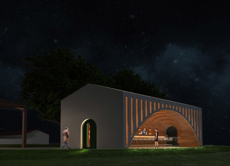 Curvilinear Glass Facades and Local Oak Accents in A Vineyard Tasting Room