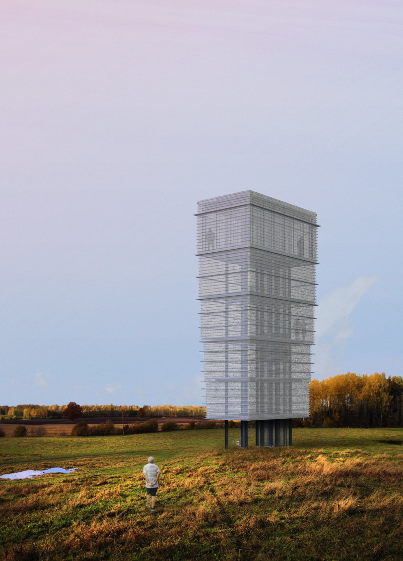 Perforated Metal Facade and Steel Framework Elevating Observation in Rural Landscape