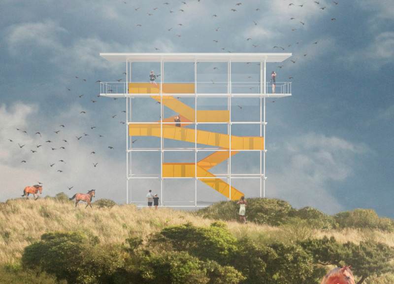 Zigzagging Steel Pathway with Glass Observation Decks in a Captivating Landscape  
