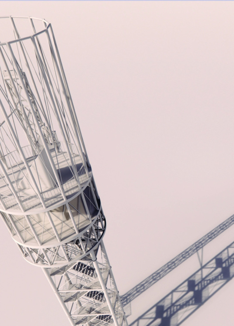 Cylindrical Steel Structure with Transparent Glass and Dual Ascent Paths in Serene Meadows