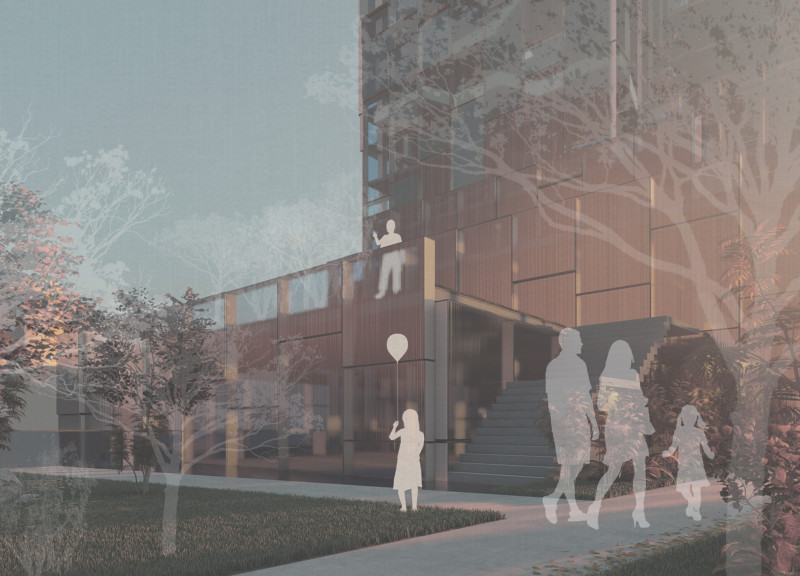 Pixelated Facade of Glass and Concrete Enveloping Community Spaces in a Vertical Oasis