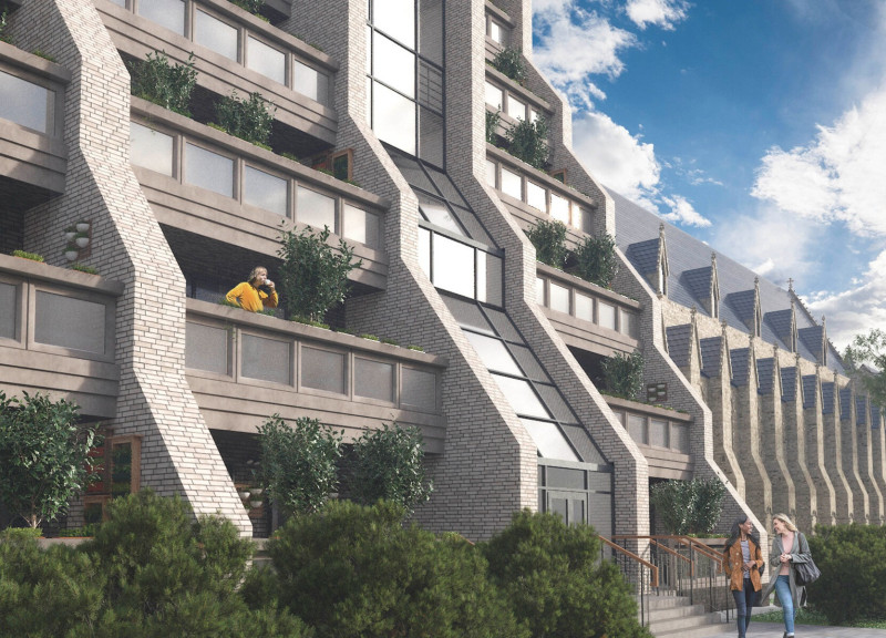 Sustainably Crafted Terraced Housing Featuring Thin Bricks and Green Roofs