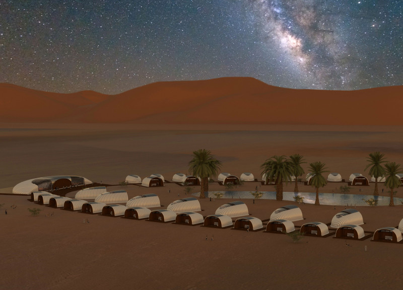 Moisture-Harvesting Structures with Inflatable Fabric and Integrated Timber Solutions in Desert Landscapes