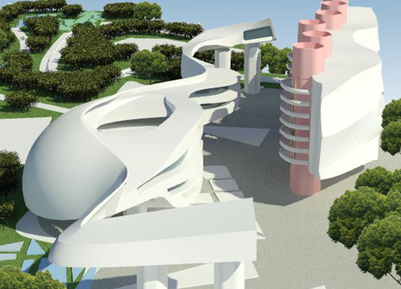 Curvilinear Glass Facade and Mosaic Accents Define A Community-Centric Space Crafted from Reinforced Concrete and Natural Elements
