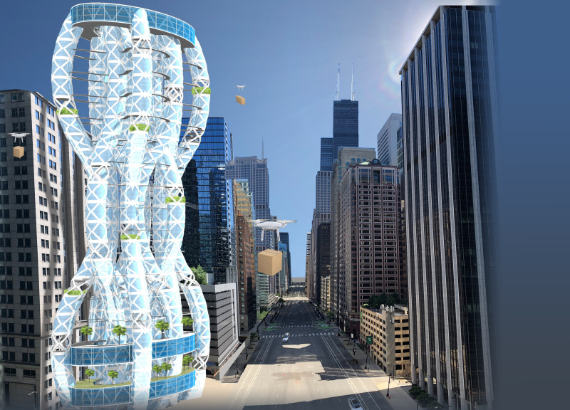 Double Helix Structure Featuring Glass Façades and Green Roofs for a Modern Urban Workplace