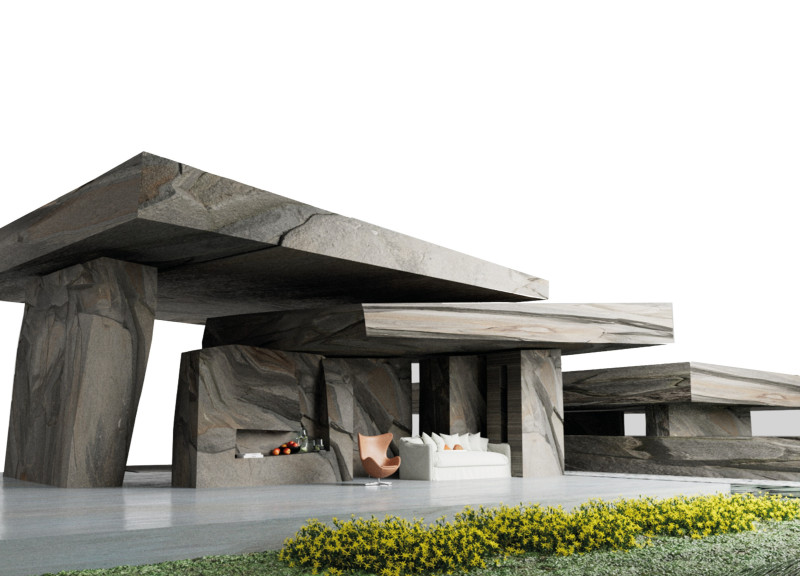 Geology-Inspired Structure Featuring Locally Sourced Granite and Expansive Glass Facades in a Sustainable Living Environment