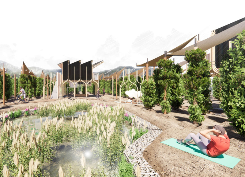 Bamboo Canopy Over Terraced Landscape In A Sustainable Community Retreat