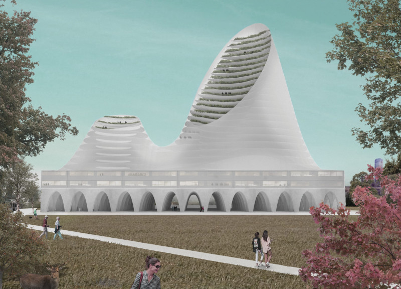 Mixed-use development featuring sustainable composite materials and organic fluid forms in an urban landscape