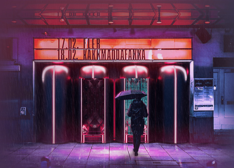 Neon Illuminated Soundscapes with Steel and Acoustic Elements Redefining Urban Nightlife Dynamics