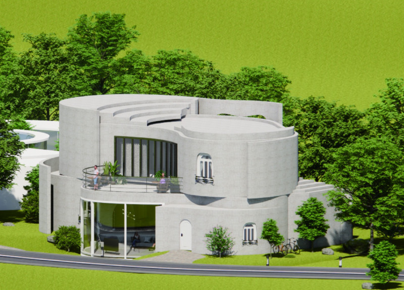 Curvilinear Sustainable Living Spaces Featuring Green Roofs and Natural Materials