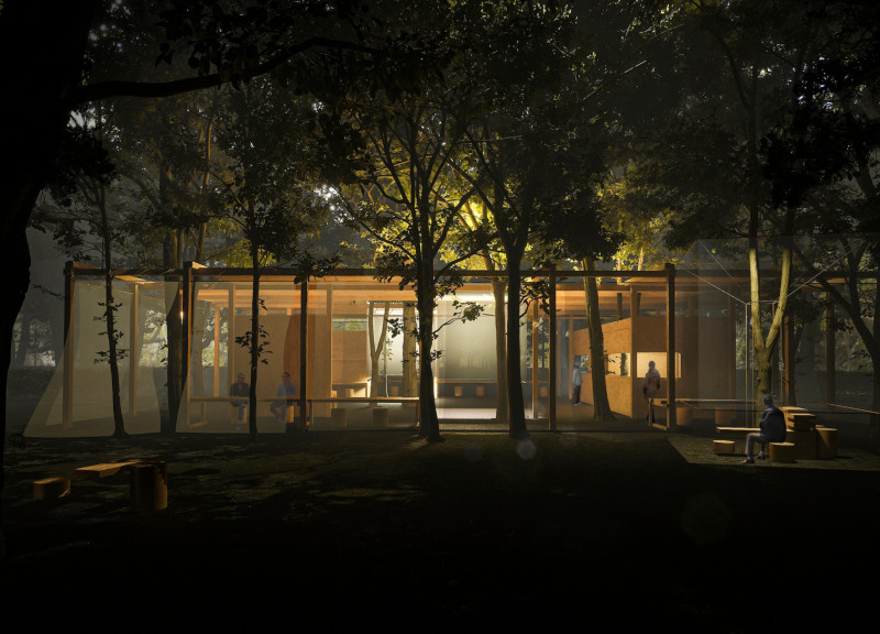 Translucent Curtains and Plywood Canopies in a Nature-Integrated Dining Space  
