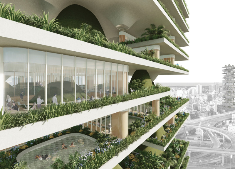 Office building featuring biophilic design with terraced greenery and concrete-glass façades  