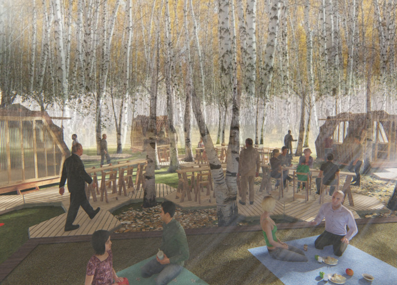 Food court featuring modular designs with treated pine decking and translucent PVC panels in a forest setting  