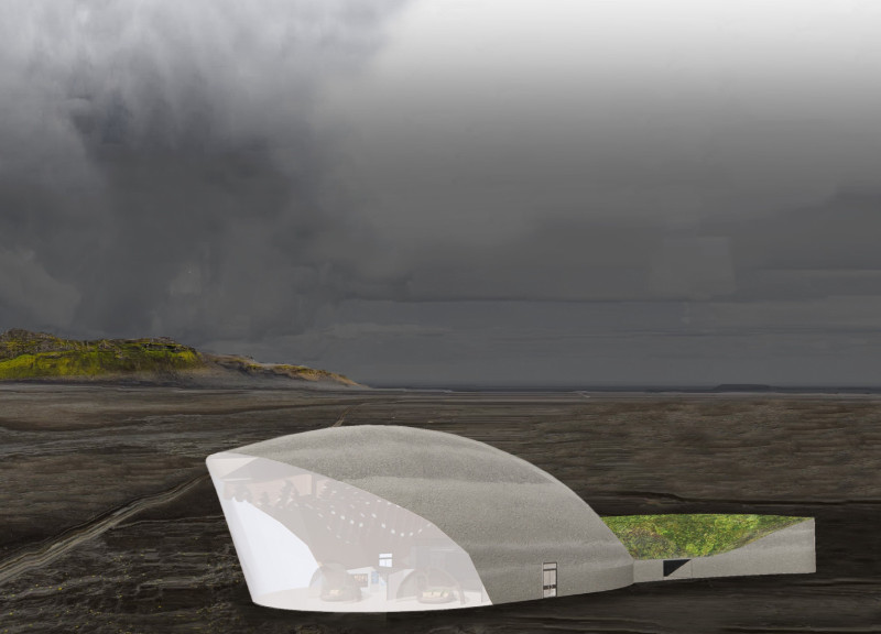 Whale-Inspired Structure Featuring Recycled Shipping Containers and Natural Stone in a Scenic Coastal Setting