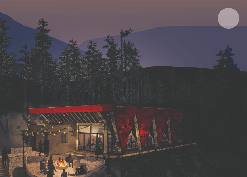 Vermillion Glulam Structure Nestled in a Tranquil Forest Retreat for Mindfulness Practice