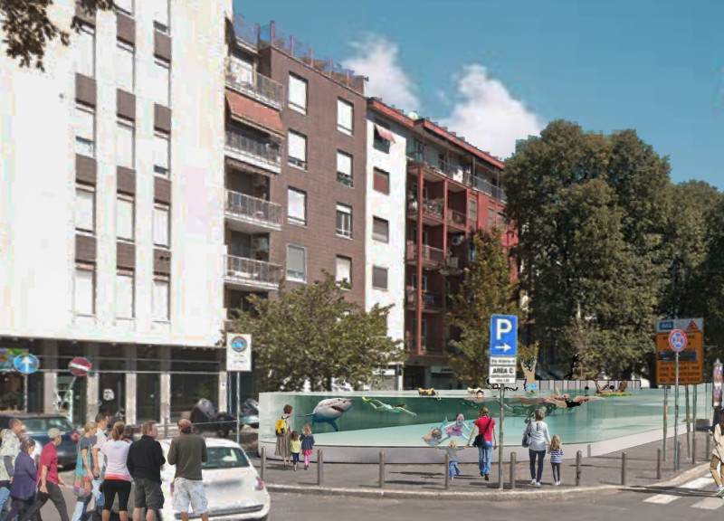 Transparent Glass Pool Integrated with Concrete And Natural Wood Elements Along Milan's Historic Canal  