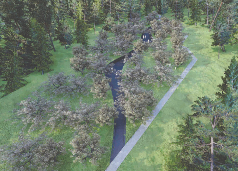 Undulating Granite Pathways Framed by Seasonal Orchards in a Contemplative Memorial Space  