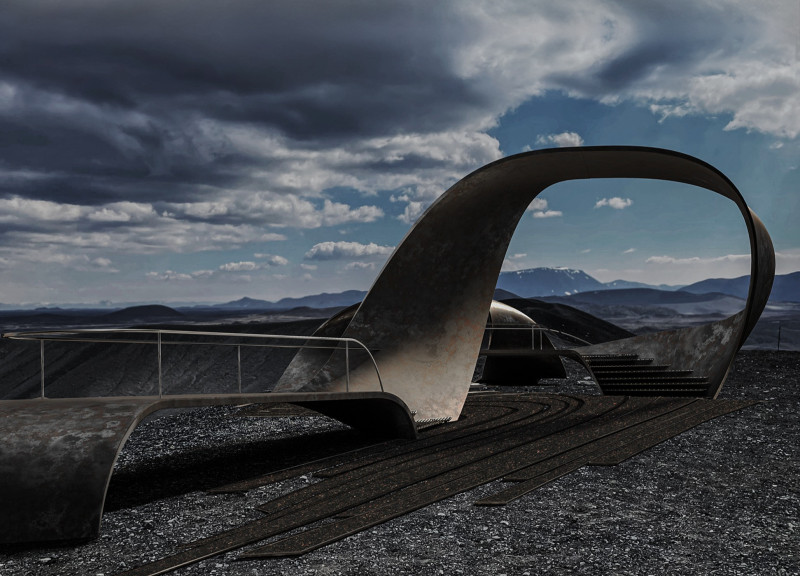 Weathered Steel Lookout Point Harmonizing With Volcanic Landscape