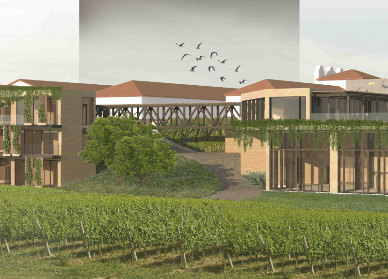 Charred Wooden Shingles Enveloping A Terraced Retreat Surrounded By Vineyard Landscape
