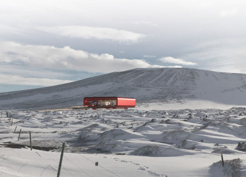 Sustainable Red Aluminum Pavilion with Prefabricated Wood Structure in Volcanic Landscape  