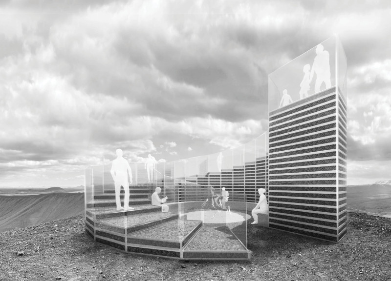 Stainless Steel Mesh Enclosure Overlooks Volcanic Landscape With Local Rock Integration  