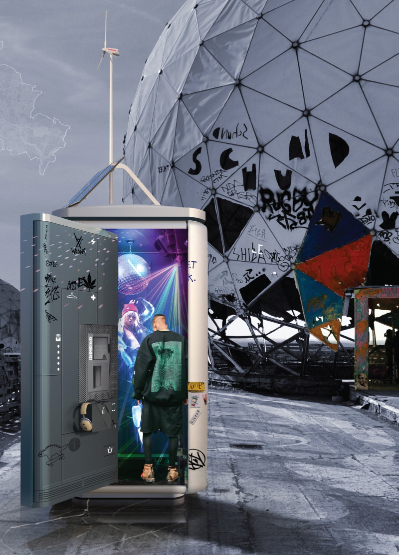 Holographic Panels and Solar Technology in a Compact Urban Kiosk  