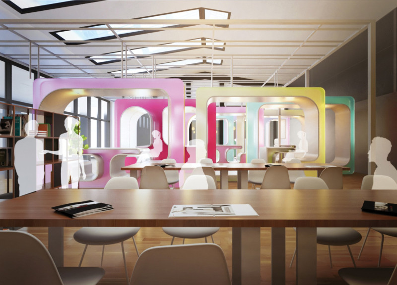 Colorful Modular Spaces with Steel Mesh Partitions and Acoustically Enhanced Materials for Versatile Work Environments