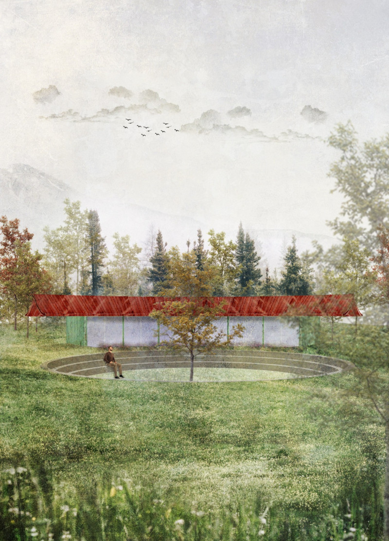 Circular Structure with Charred Wooden Shingles Nestled in a Lush Landscape