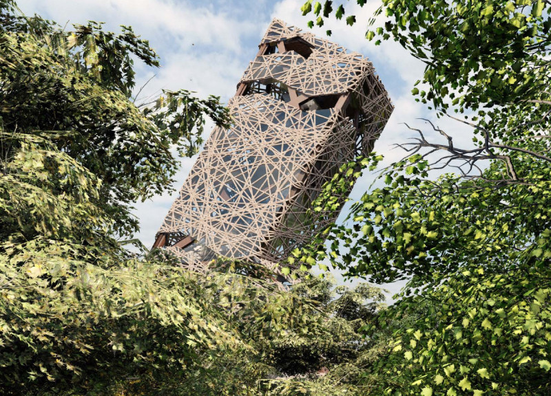 Lattice-Wrapped Observation Structure Crafted From Timber and Steel in Latvia's Biosphere Reserve