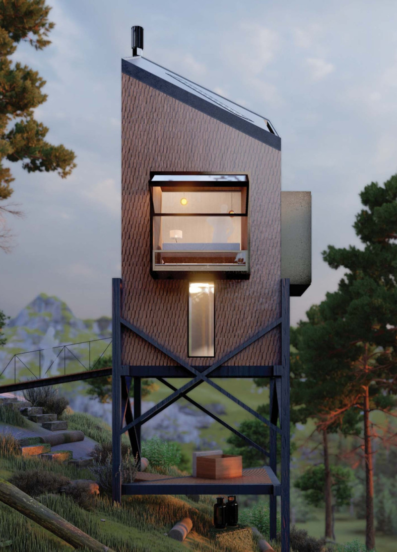 Elevated Living with OSB and Charred Shingles Amidst Nature's Canopy  