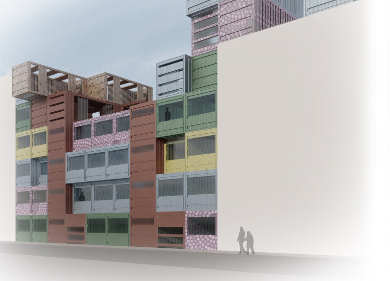 Repurposed Shipping Containers Featuring Green Roofs in a Vibrant Urban Community